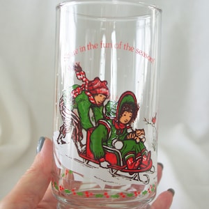 Vintage Beverage / Glass: Holly Hobbie & Robby Sledding / Coca-Cola 1982 &quot;Share in the Fun of the Season&quot;