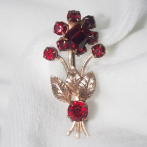 Vintage Brooch / Pin: Gold Flower Bouquet w/ Red Rhinestone Centers, 1940s / 40s