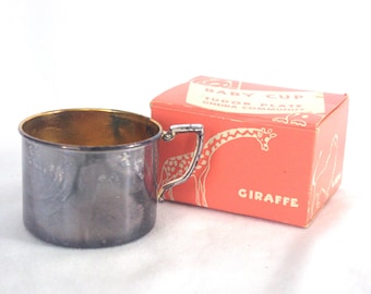 Vintage Silverplate Baby Cup / Mug in Original Box: Tudor Plate Oneida Community, Gold Inside, Plain / No Monogram, 1960s / 60s
