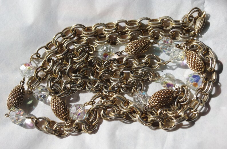 Vintage 1970s Necklace Ornate Gold Chain with Aurora Borealis Beads