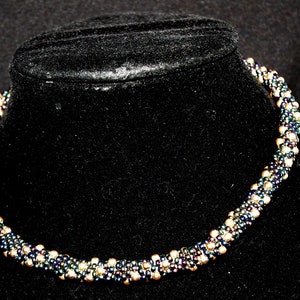 Vintage Beaded Rope Choker: Gold & Iridescent Blue / Purple / Black Seed Beads, 2000s