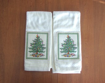 Juego de toallas de mano vintage: 2 Spode "Árbol de Navidad" sin usar / con apliques / de felpa