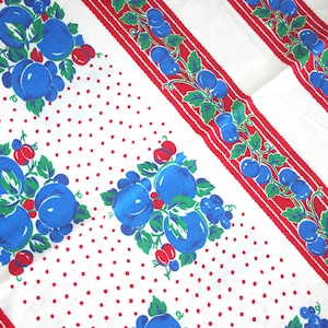Vintage 1940s Feedsack / Feed Sack Fabric: Complete / Full / Intact, Blue Fruit, Red Stripes & Polka Dots