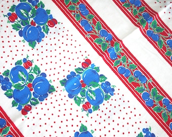 Vintage Feedsack / Feed Sack Fabric: Complete / Full / Intact, Blue Fruit, Red Stripes & Polka Dots, 1940s / 40s