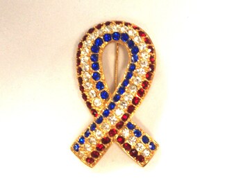 Vintage Brooch / Pin: Red, White, & Blue Rhinestone Ribbon / Patriotic / Americana