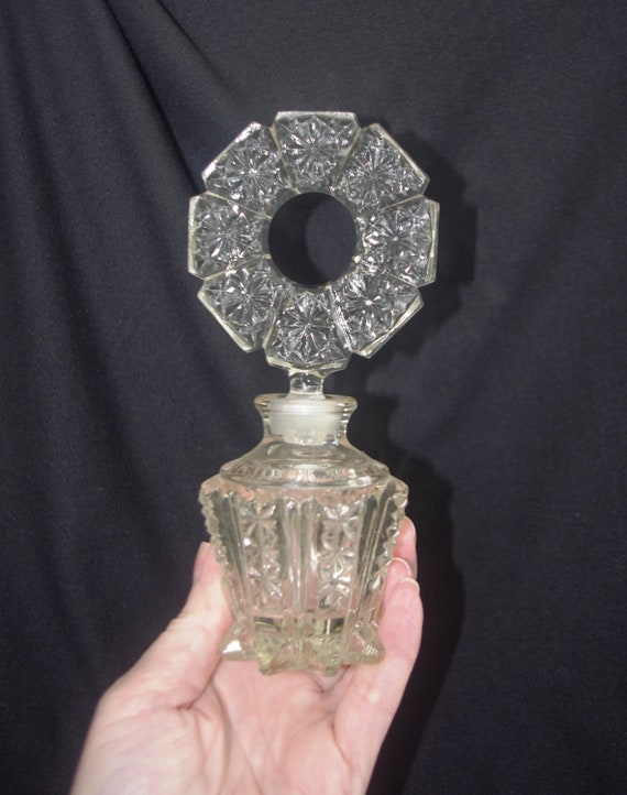 Vintage Pressed Glass Perfume Bottle: Ornate O-Shaped Stopper, 1950s / 50s / MCM