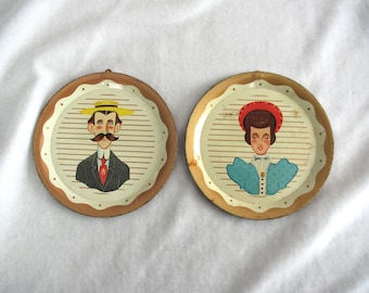 Vintage Tin Plates Set: Early 1900s / Old-Fashioned / Edwardian Lady w/ Hat & Man w/ Handlebar Mustache, 1950s