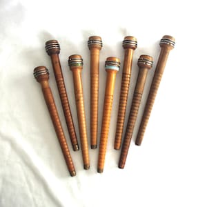 Antique Wooden Factory Spindle Bobbins / Spools: Set of Eight / 8, Brass Ends, Early 1900s