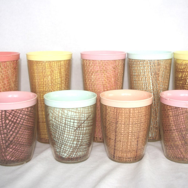 CHOICE - Vintage Mid-Century Raffia Ware: Insulated Melamine Plastic Cups / Glasses / Tall & Short