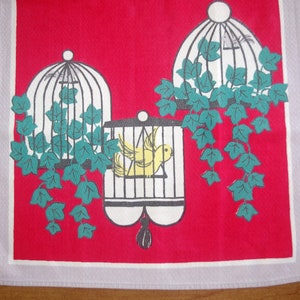 Vintage Printed Cotton Kitchen Towel / Tea Towel: Red with Birds in Cages, & Ivy