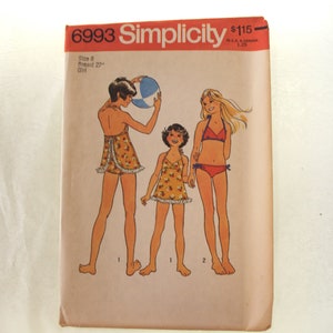 Vintage Einfachheits Muster #6993: Kinder und Mädchen Badeanzug und Bikini, Uncut, Gr. 8, 1975