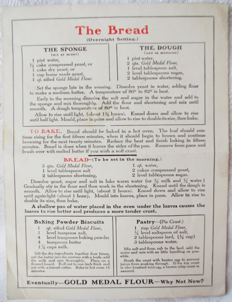 Gold Medal Flour Recipe Sheet Darling Graphics 1920s Vintage Advertising