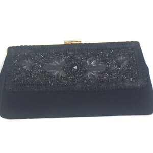 Vintage Clutch / Handtasche: Schwarze Lucite / Glasperlen-Blumen & Blätter-Dekoration, 1960s / 60s