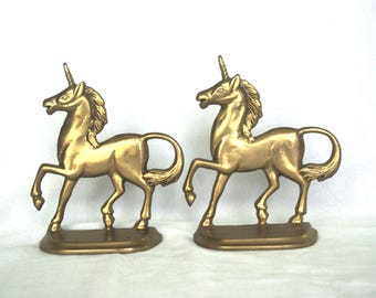 Sujetalibros vintage: Unicornios de latón saltando, pesados, 6,5"