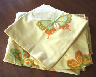Vintage Fitted Bed Sheet & Pillow Case: "Hanae Mori / Martex" Gold w/ Orange, Olive Green, Brown Butterflies, Full Size, 1970s / 70s