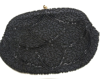 Bolsa de noite vintage com miçangas: miçangas pretas, miçangas de canutilho, festões e espirais "Dormar / Feito à mão na Bélgica" anos 1950/50/MCM