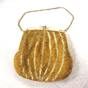 Vintage Handbag / Purse: &quot;Magid&quot; Gold Seed & Silver Bugle Beads, Gold Chain Handle, Hong Kong, 1960s / 60s