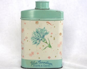 Vintage Tin: Roger & Gallet "Blue Carnation" Perfumed Talc / Powder, White w/ Blue Carnation, 3 Oz, 1950s