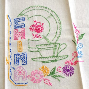 Vintage Hand Embroidered Kitchen Towel: Dishes & Flowers &quot;China&quot; 1950s