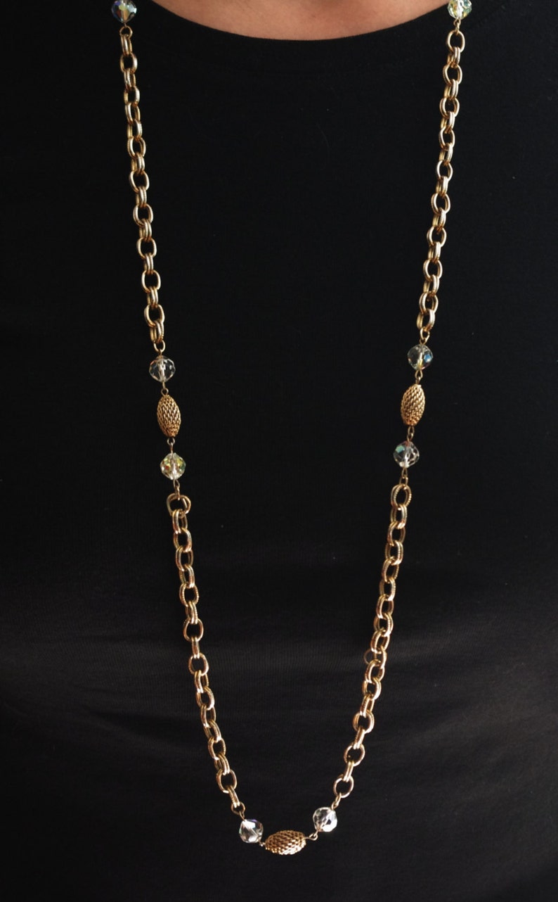 Vintage 1970s Necklace Ornate Gold Chain with Aurora Borealis Beads