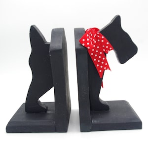 Holz / Holzbuchstützen: Folk Art Black Scottie / Scottish Terrier 1960er Jahre