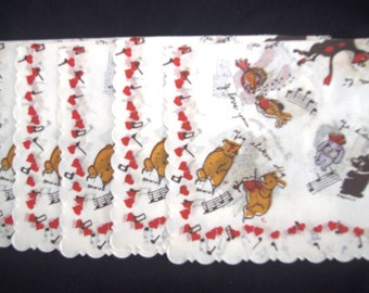 5 Vintage Valentine Paper Cocktail Napkins: Animals Dancing, Hearts, Musical Notes, "I Love You" in Different Languages, 1960s