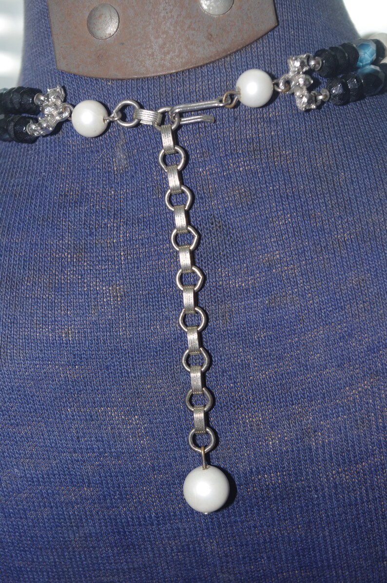Vintage 2 Strand Beaded Necklace Pearls Black Blue Glass Green Plastic Beads Choker 1950s