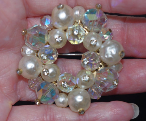 Broche Vintage Ronde Perles Bleu Cristal Boréalis - Signée - Occasion
