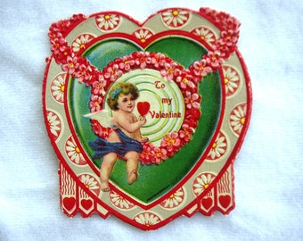 Vintage Valentine: Embossed, Cupid on Heart with Flowers, 1920s Germany