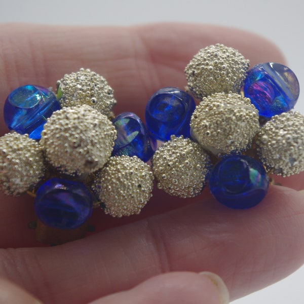 Vintage Clip Earrings: West German Bright Blue & Silver Sugar Beads 1950s