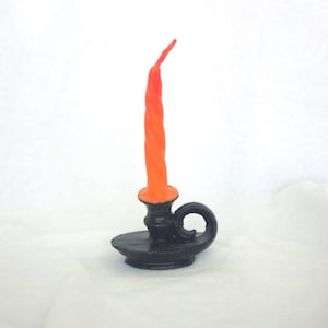 Vintage Halloween Candle: Black Candlestick w/ Orange Twisted Taper Candle, 1960s, Gurley Candle Co., 4.5&quot;