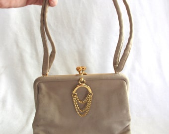 Vintage Handbag / Purse: Jane Shilton / England, Small, Beige Suede w/ Gold Decorations, 1960s
