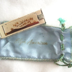 Vintage Lipstick: "Elgin American" Etched Floral Metal Case, Button Lift w/ Pop Up Mirror, Blue Fabric Pouch, 1930s