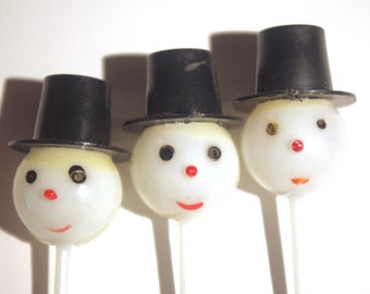 3 Vintage Winter / Holiday / Christmas Picks: Snowmen Heads w/ Black Hats