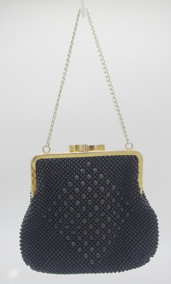 Vintage Beaded Evening Bag: Black Plastic Polka D… - image 3