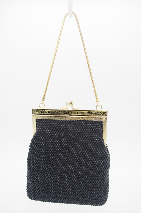Vintage Beaded Evening Bag: Black Plastic Polka D… - image 1