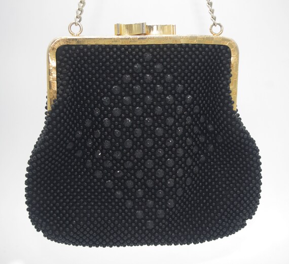 Vintage Beaded Evening Bag: Black Plastic Polka D… - image 4