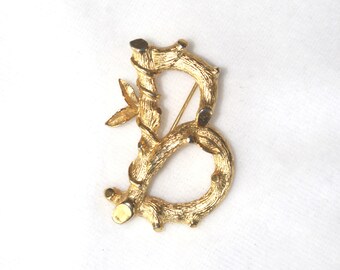 Vintage broche / pin: Sarah Coventry Gold Vine / Leaves "Bamboo Twig" Initial "B"