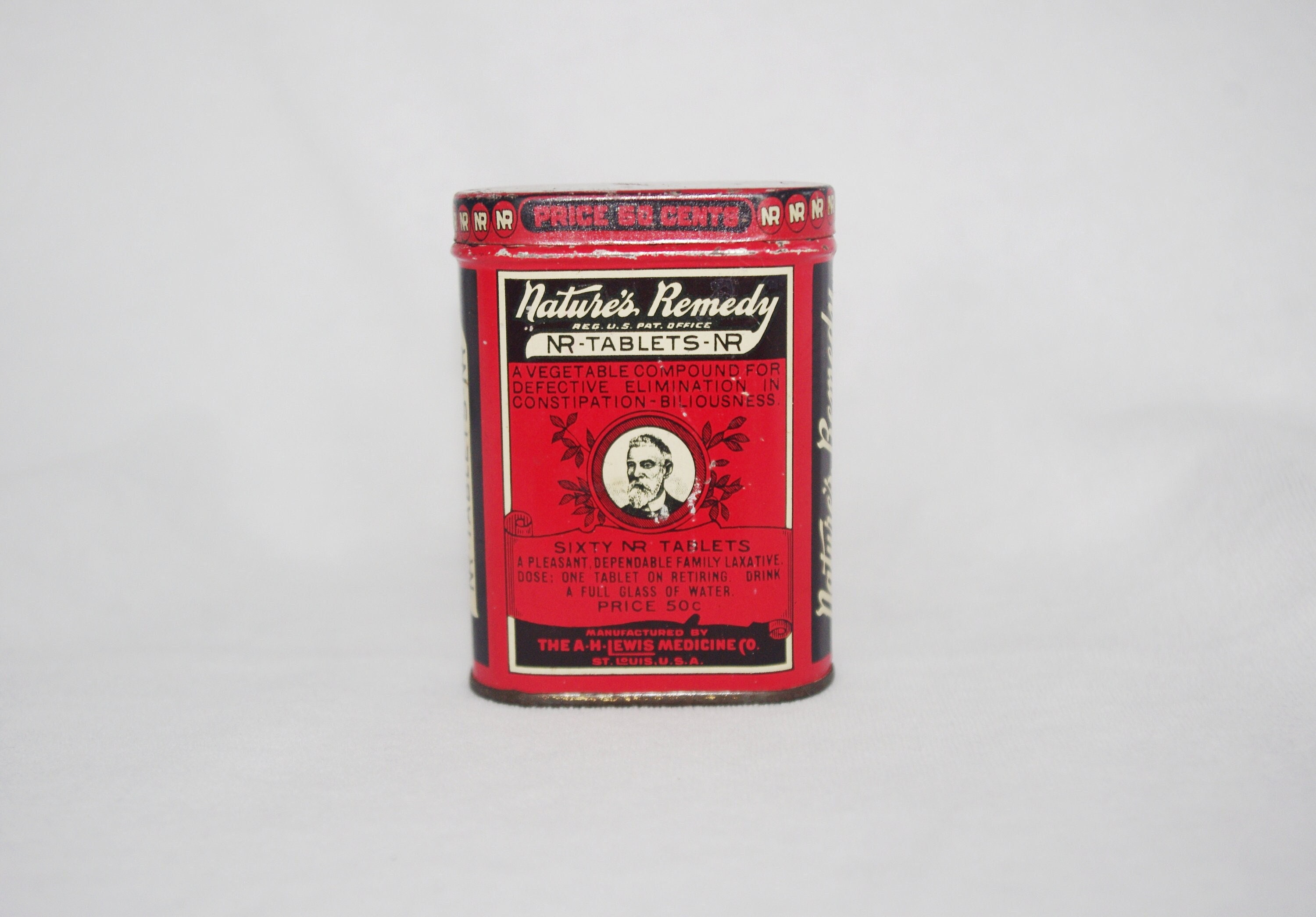tobacco laxative Vintage Advertising Tin: Nature's Remedy NR Vegetable Laxative, 60 Tablet  Size, Red & Black