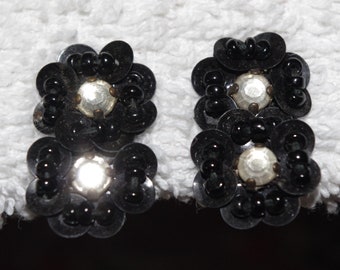 Vintage Screw Back Earrings: Black Sequin & Seed Bead Flowers with Rhinestone Centers