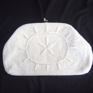 Vintage Handbag / Evening Bag / Convertible Purse: Star & Flower, 1950s, Off-White Pearl Seed Beads, Japan