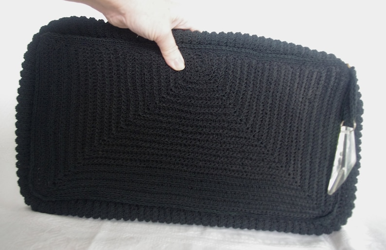 Black Crocheted Cording with Carved Lucite Pull Art Deco 1930s Vintage Large Handbag Clutch