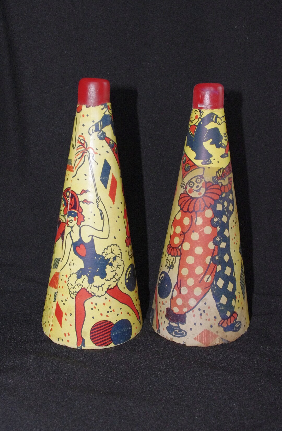 Vintage Noisemaker Lot Two Cardboard Horns, Party Scene Clown, People