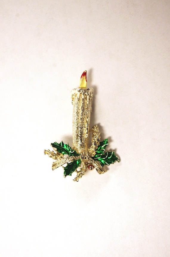 Vintage Christmas Pin / Brooch: 1970s Candle w/ Ho