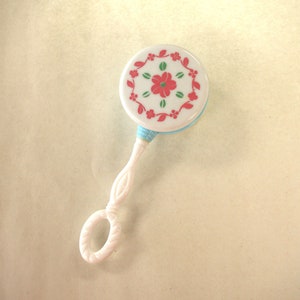 Vintage Toy Rattle: Blue & White Drum w/ Pink Flowers, Hard Plastic, 1960s