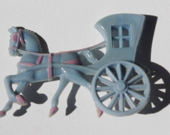 Vintage Pin / Brooch 50s Hard Plastic Blue Horse and Carriage with Pink Trim