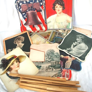 Abanico publicitario antiguo de los años 20. Muestras de vendedores: su elección: bellas damas, artículos estadounidenses, vehículos, niños, paisajes