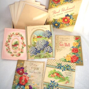 Cartões vintage de "pergaminho floral" em caixa: Get Well, dourado, década de 1950