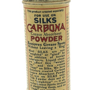 Vintage Tin: 1920s Carbona Grease Absorbant Powder for Silk Tindeco Almost Full Trial Size