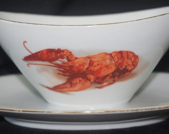 Vintage Gravy / Butter Boat: Bareuther Bavaria, Lobster / Crawfish / Crayfish, w/ Attached Underplate, Mid-Century 1950s-1960s